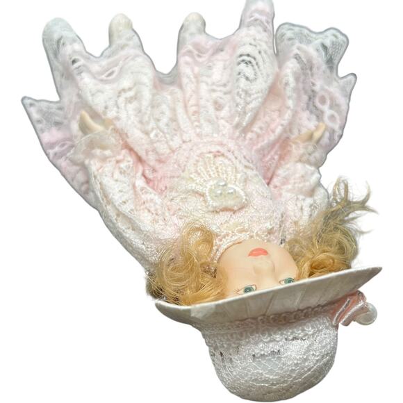 Porcelain Girl Doll in Blush Pink Lace Dress with Sunburst Hat - Picture 4 of 11